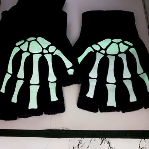 Skeleton Print Fingerless Goth Gloves-Black TWO Pair Unisex New - Picture 6 of 10